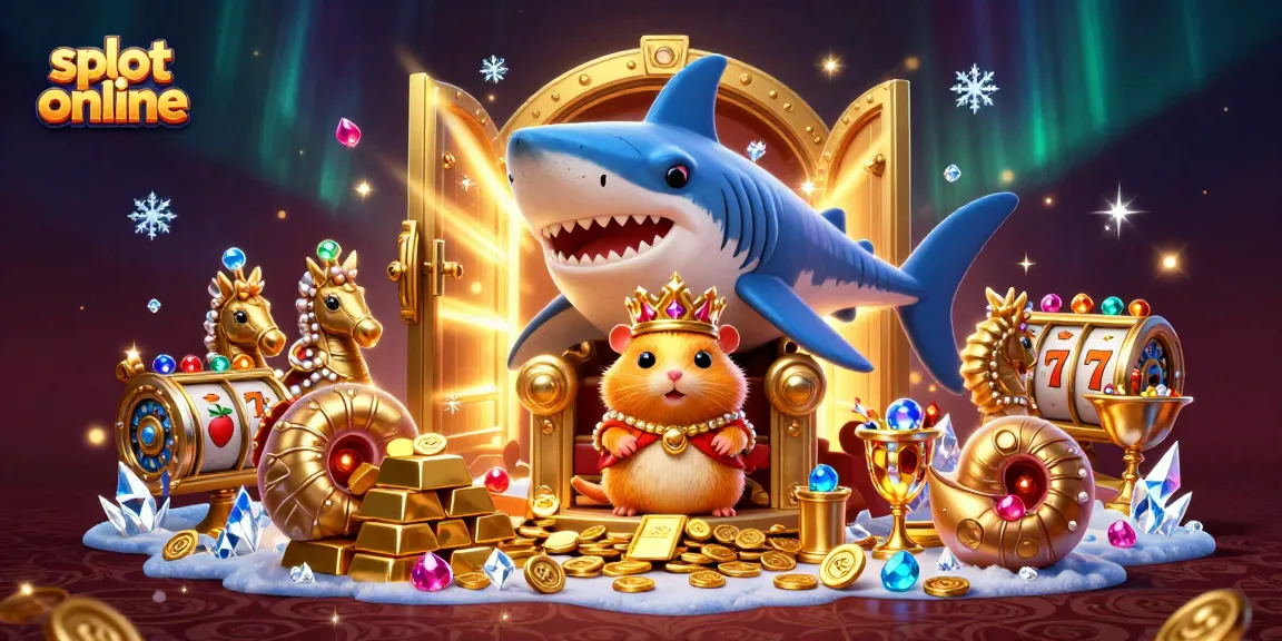 Experience the excitement of slot online games with a golden hamster king and treasure in a whimsical 3D scene.