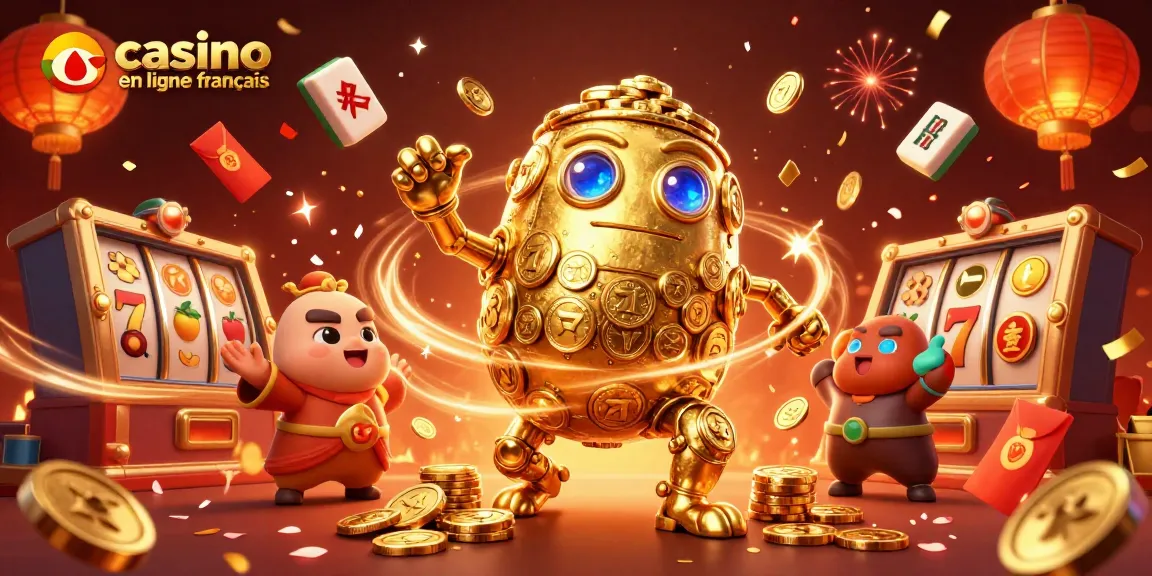 Plongez dans le monde du casino en ligne français avec un golem or, des machines à sous et des feux d'artifice éclatants.