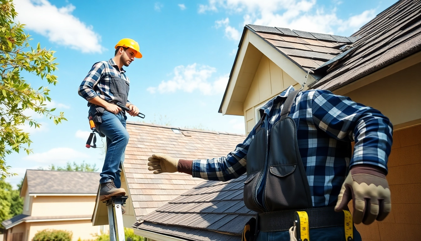 Roofer assessing roof damage for Roof repair with tools and a suburban house backdrop.