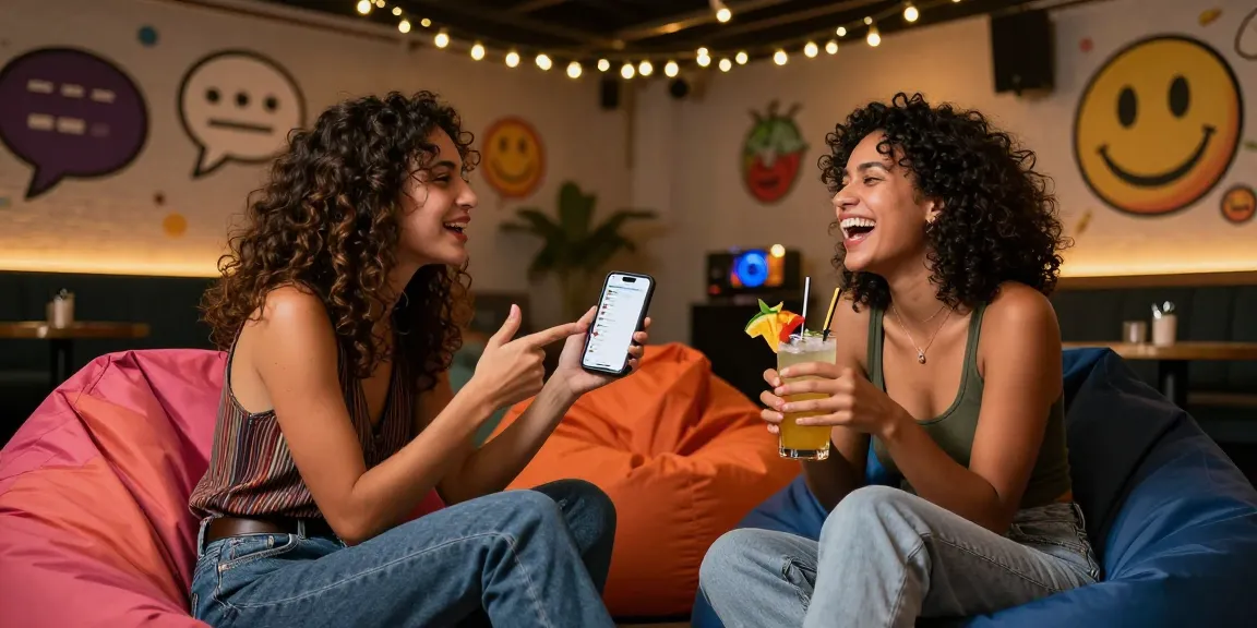 Exciting spicy chat scene with friends in a vibrant lounge, capturing lively social interaction and connection.