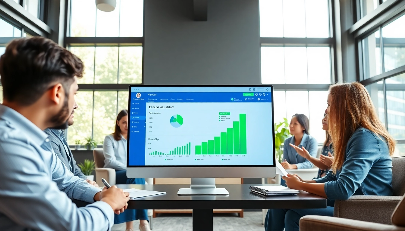 Collaborative team using enterprise assistant software in a bright workspace, enhancing productivity.