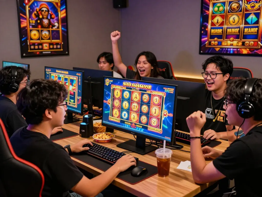 Grup merayakan kemenangan di permainan situs slot gacor dalam suasana permainan yang hidup