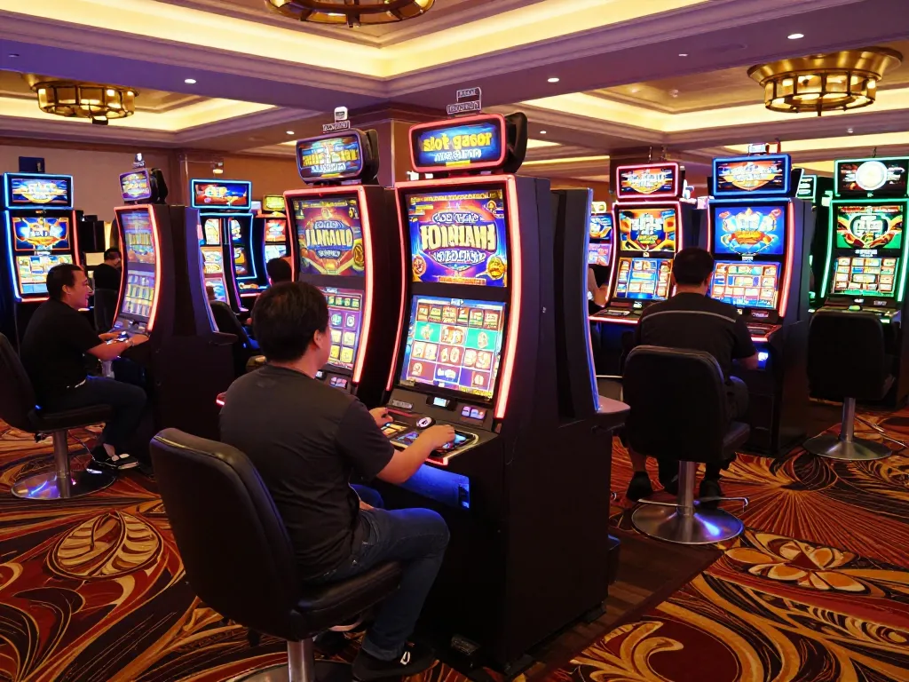 Celebrating wins at slots, featuring the slot gacor gampang menang theme amidst vibrant casino lights.
