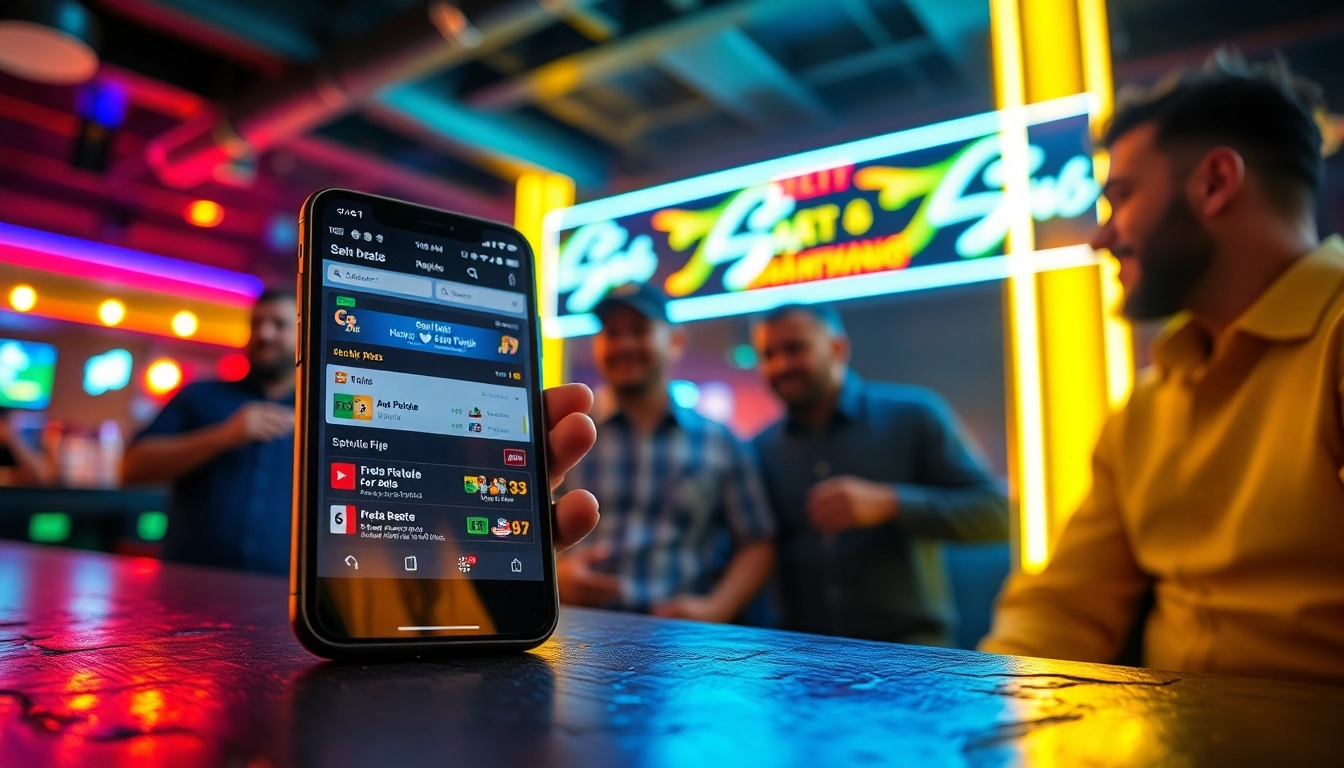 Engaging scene showcasing best sports betting apps India on a smartphone in a lively sports bar.