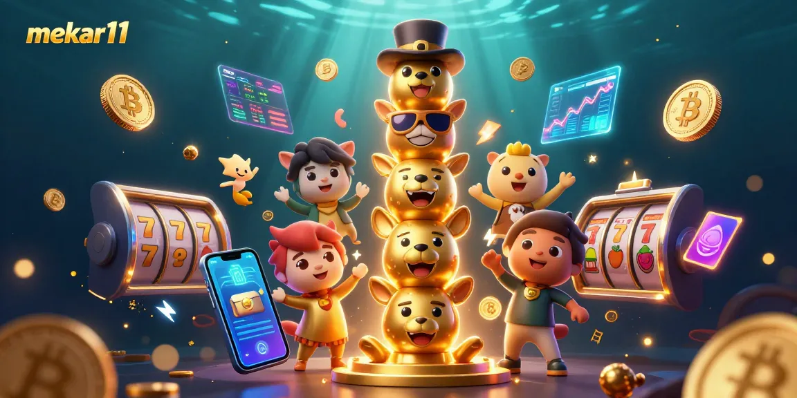 Experience mekar11 with vibrant casino totem illustration showcasing crypto and slot elements.