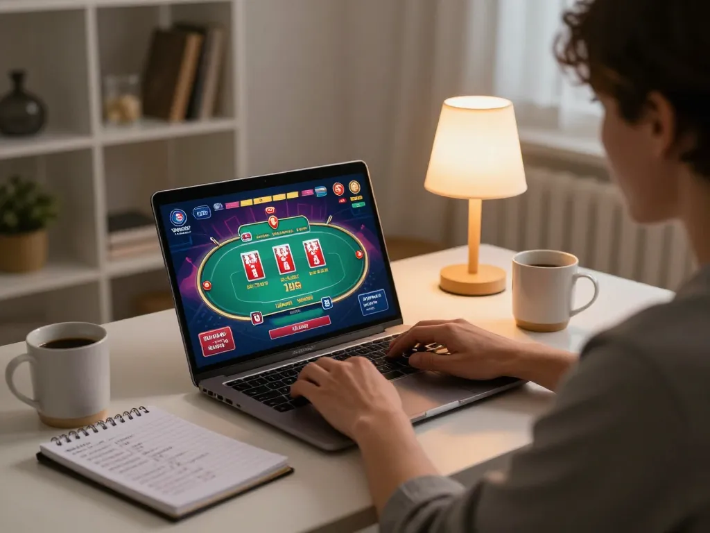 Engaging with Canada online casinos reddit on laptop while tracking bets with a notebook in a cozy home setting.