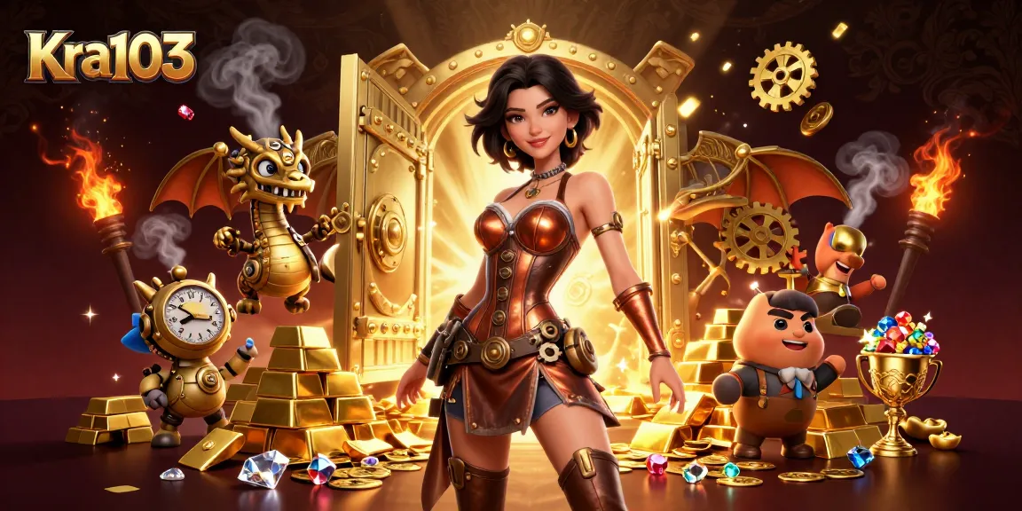 Kra103 showcases a vibrant casino scene with treasure and thrilling victories, filled with gold and jewels.