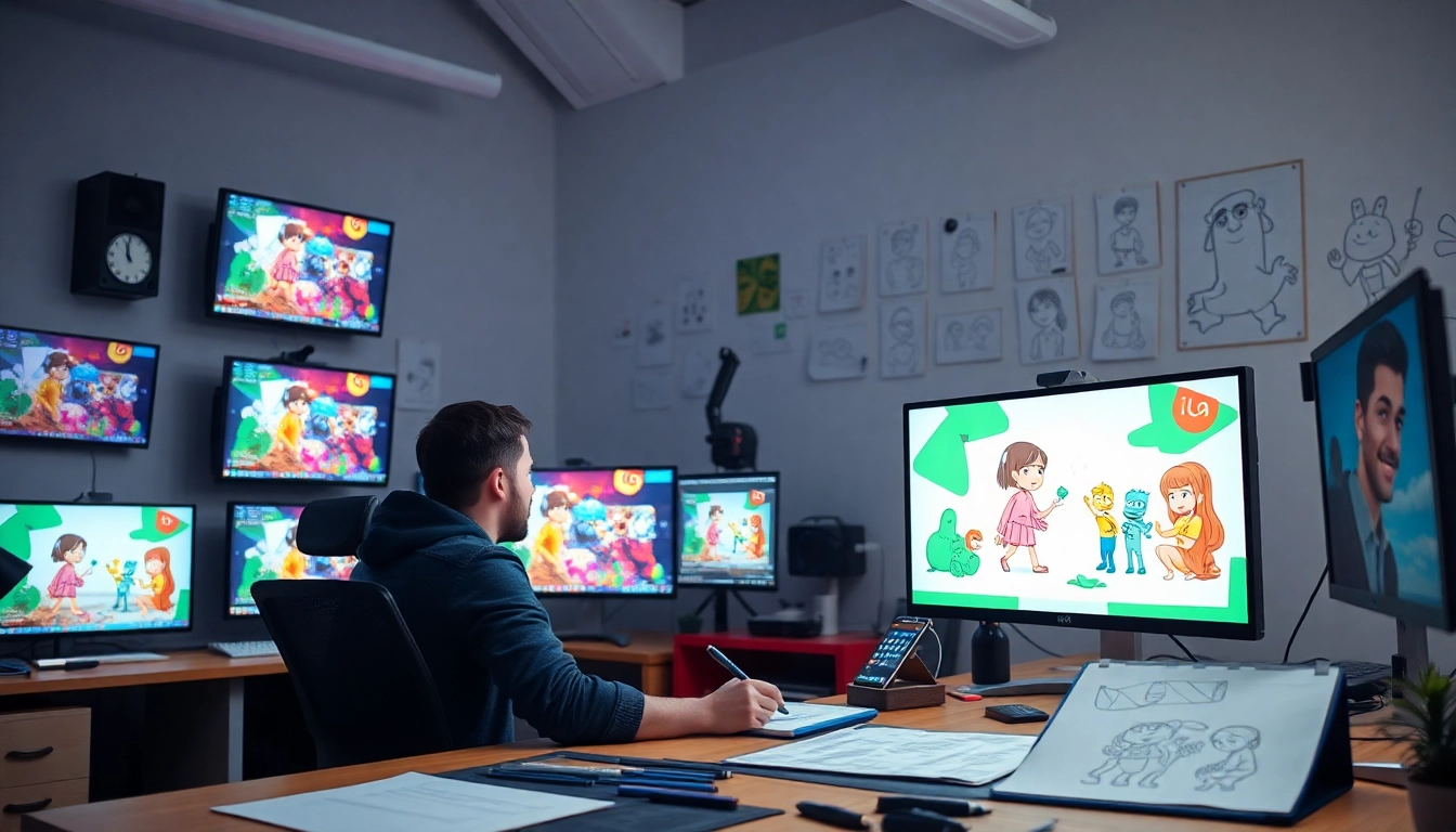 Animation Erstellen in einem kreativen Studio mit einem Designer, der an Animationen arbeitet.