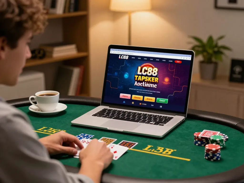 Engaged player enjoying poker at LC88 online casino in a cozy home setting.