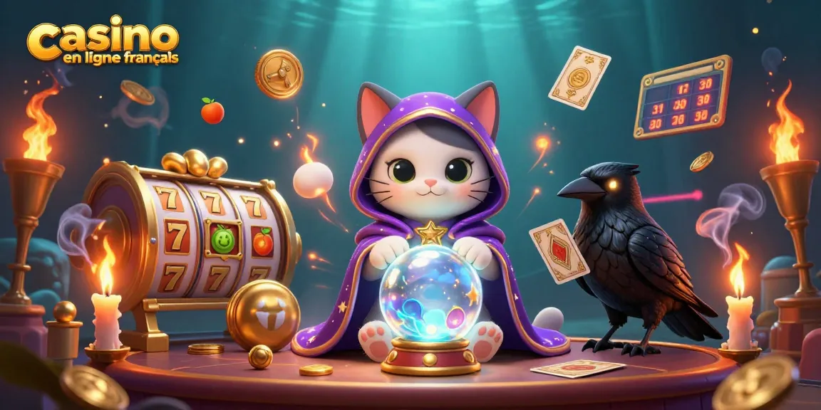 Jouez au casino en ligne français avec des personnages mystiques et des éléments de jeu immersifs dans une illustration 3D.