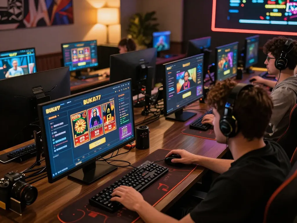 Engaging moment at the BUKA77 LOGIN interface with multiple screens for strategic online gambling.