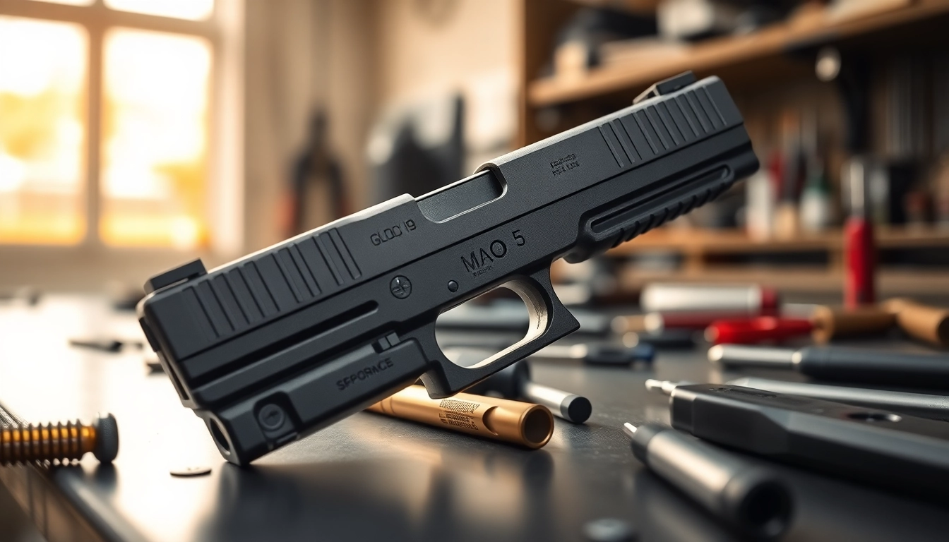 Showcasing the glock 19 gen 5 mos slide with detailed craftsmanship on a workshop bench.