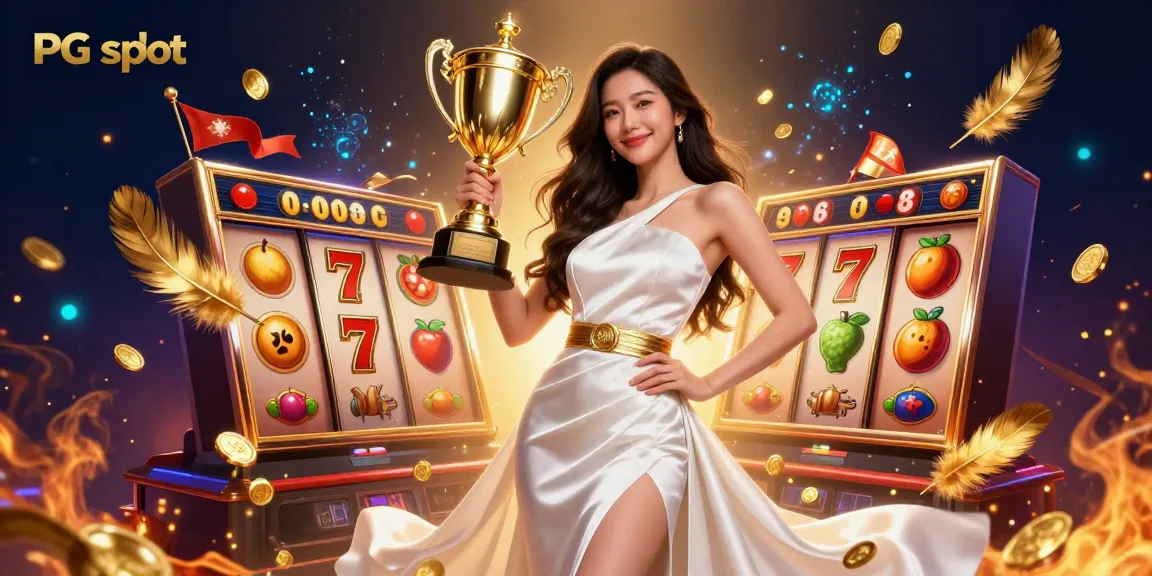 Spin the reels of PG slot in an exciting casino atmosphere with a victorious trophy holder.