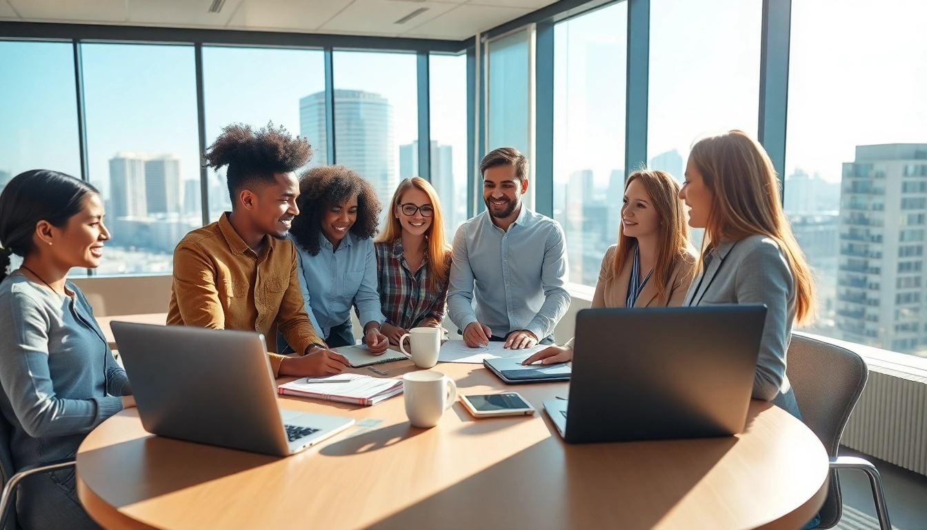 Team brainstorming for small business jobs in a vibrant office setting.