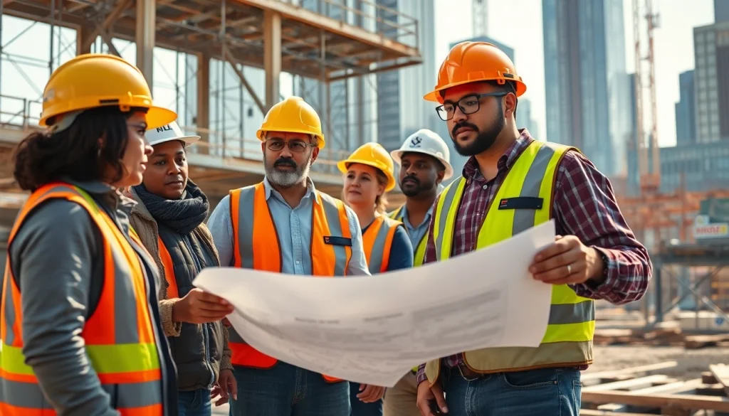 New York Construction Manager overseeing a diverse team on-site, ensuring project success.