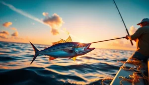 Reeling in a Roosterfish while fishing in Mexico at sunrise on tranquil waters.