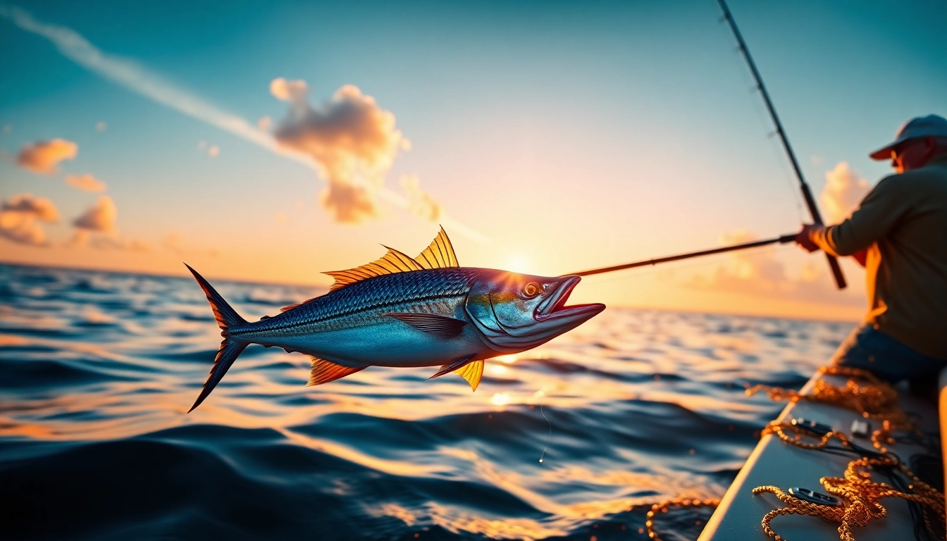 Reeling in a Roosterfish while fishing in Mexico at sunrise on tranquil waters.