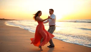 Couple performing Carolina Dance elegantly on the beach at sunset with joyful expressions.