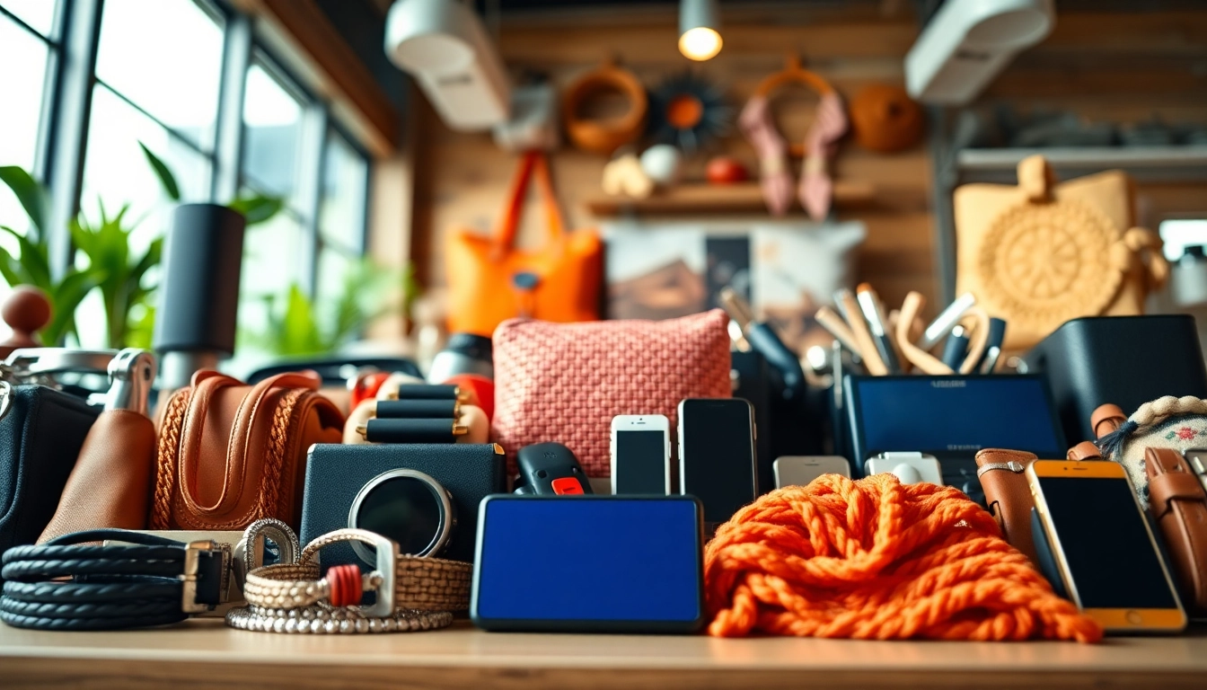 Fotografia di Prodotti di accessori ben illuminati con sfondo sfocato che evidenzia i dettagli.