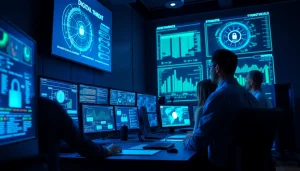 Cyber Threat Protection Tampa: Cybersecurity professionals monitor threats in a high-tech operations center.