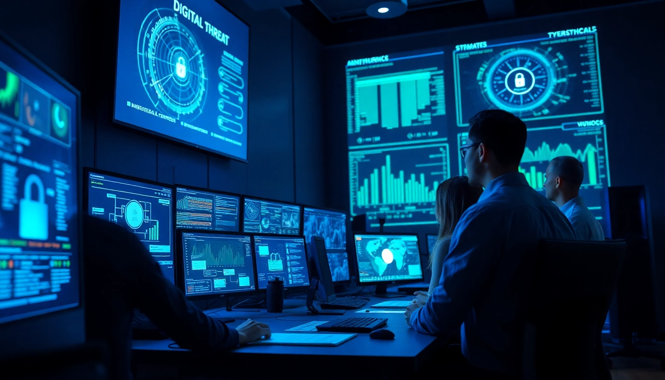 Cyber Threat Protection Tampa: Cybersecurity professionals monitor threats in a high-tech operations center.