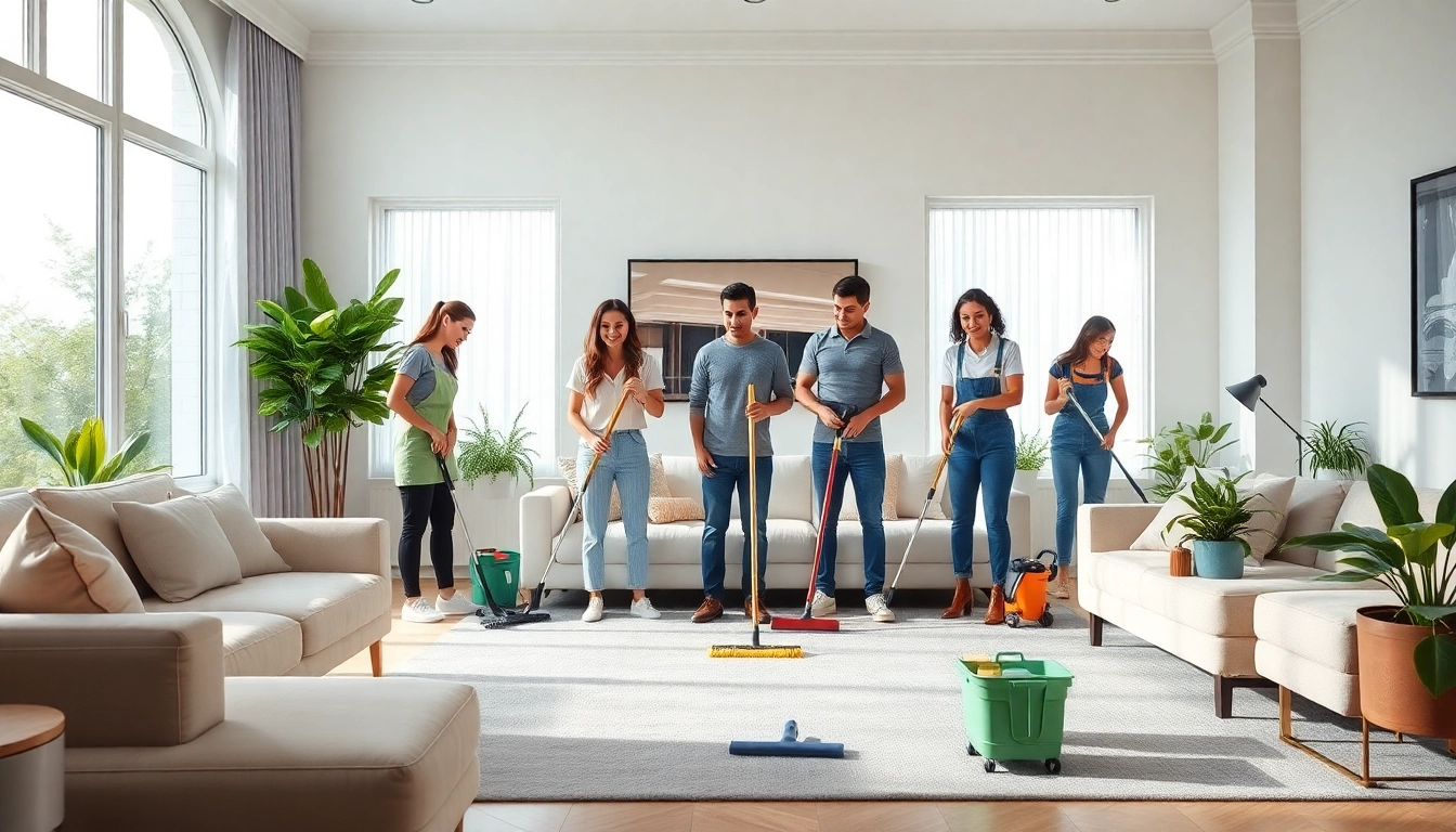 Cleaning Service team efficiently cleaning a modern living room with professional tools.