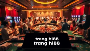 Experience the excitement of trang hi88 with players at a casino table enjoying high-stakes games like poker and blackjack.