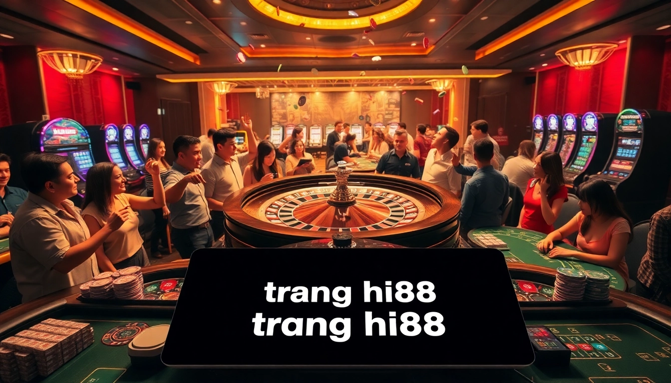 Experience the excitement of trang hi88 with players at a casino table enjoying high-stakes games like poker and blackjack.