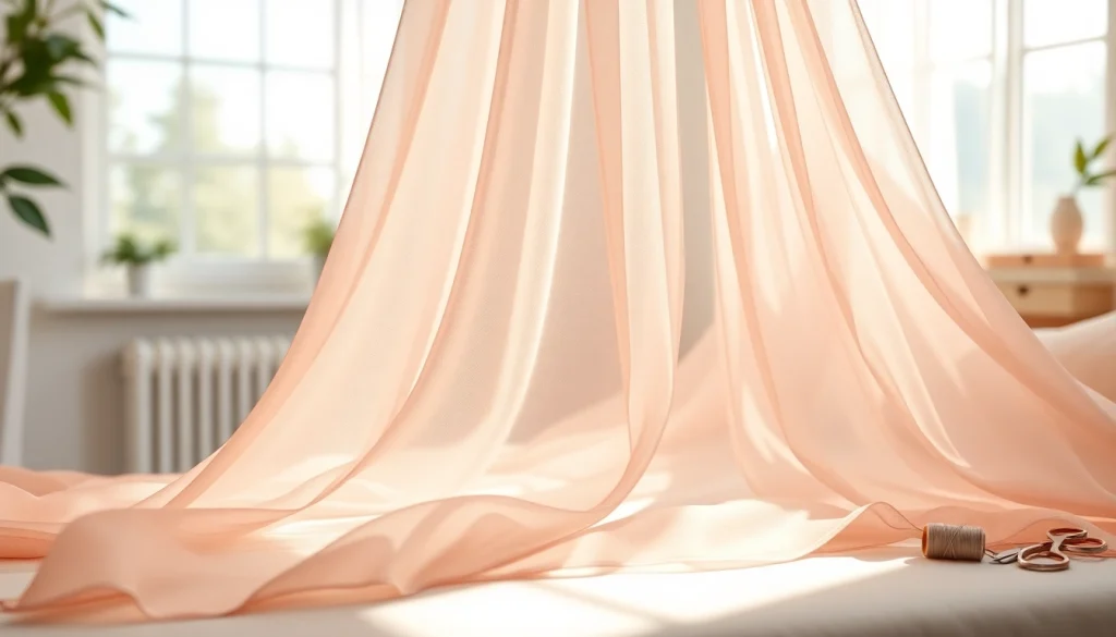 Mousseline stof op een zachte ondergrond, gevangen in een serene setting met pastelkleuren.