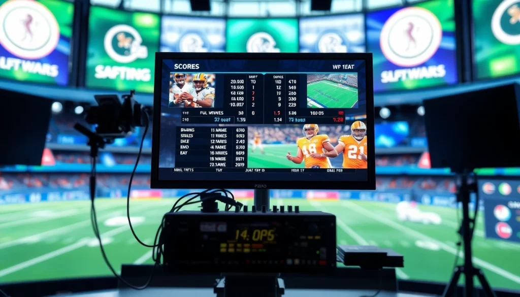 스포츠중계 최신 기술로 구성된 방송 환경에서 실시간 중계 스코어를 전하는 모습