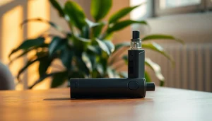 Vape ohne nikotin auf einem stilvollen Holztisch präsentiert, umgeben von entspannender Atmosphäre.