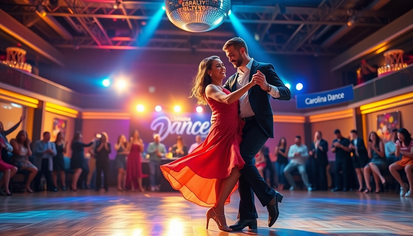 Reveal the beauty of Carolina Dance with professional dancers performing joyfully in a vibrant ballroom.