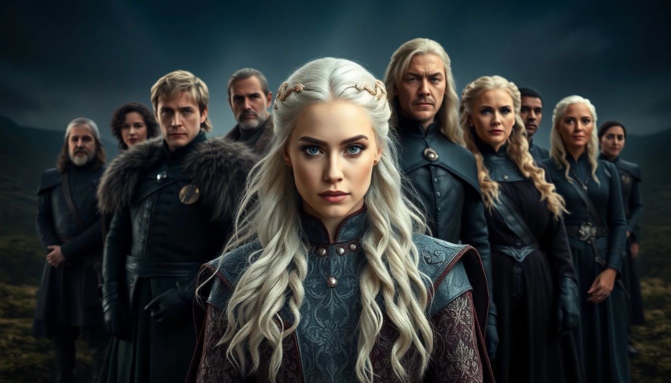 The captivating Game of Thrones cast featuring iconic characters like Daenerys and Jon Snow in an epic setting.