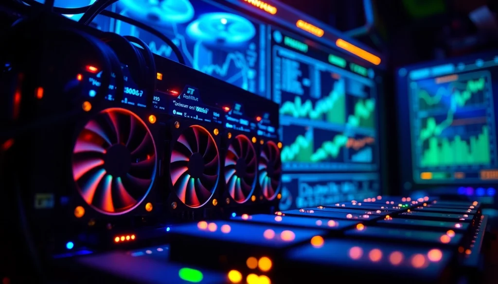 Bitcoin mining rig with GPUs and blockchain data lighting up a tech-savvy workspace.