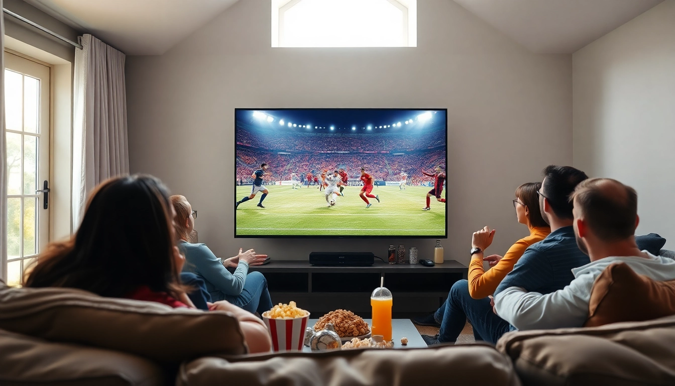 해외축구중계를 즐기는 아늑한 거실의 축구 관람 모습