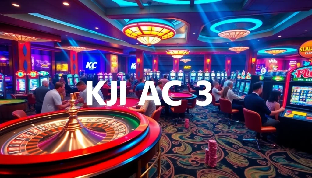 KJC AC 3 casino setting featuring poker tables, slot machines, and roulette wheels creating an inviting ambiance.