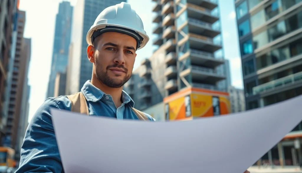 Showcasing Manhattan Commercial General Contractor engaging in urban construction environment with plans and building site.