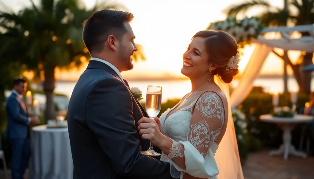 Tampa Bay wedding photographer capturing a romantic sunset wedding scene of a couple joyfully embracing.