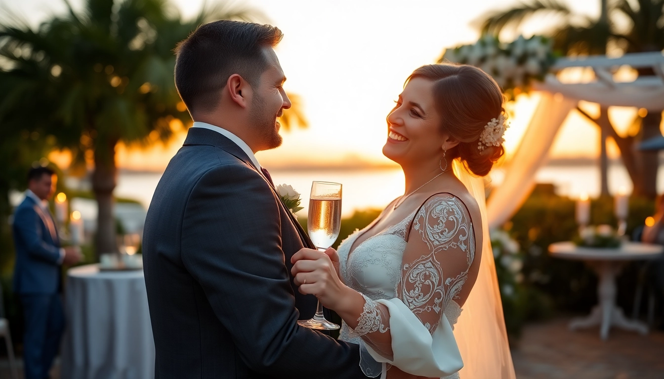 Tampa Bay wedding photographer capturing a romantic sunset wedding scene of a couple joyfully embracing.