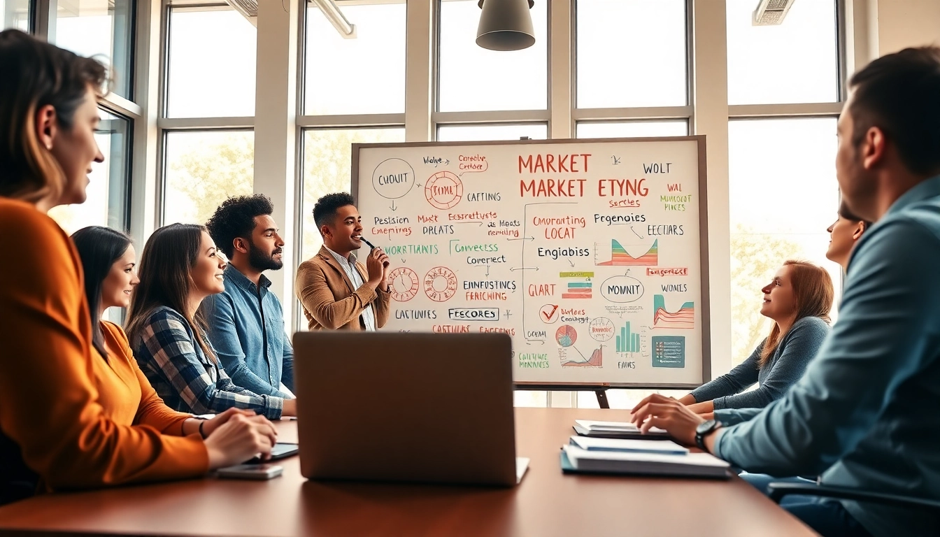 Engaged team collaborating on strategies for Good Wolf Marketing in a bright office.