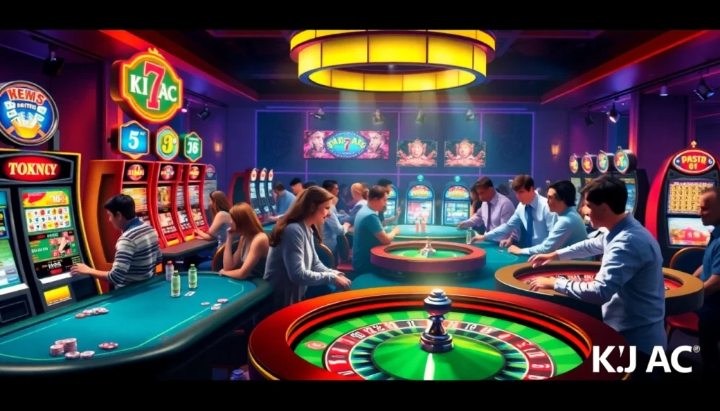 KJC AC 3 logo on vibrant casino scene with poker, slots, roulette.