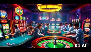 KJC AC 3 logo on vibrant casino scene with poker, slots, roulette.