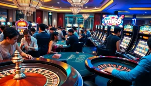 Experience thrilling gaming at vn168's luxurious casino tables and slot machines.
