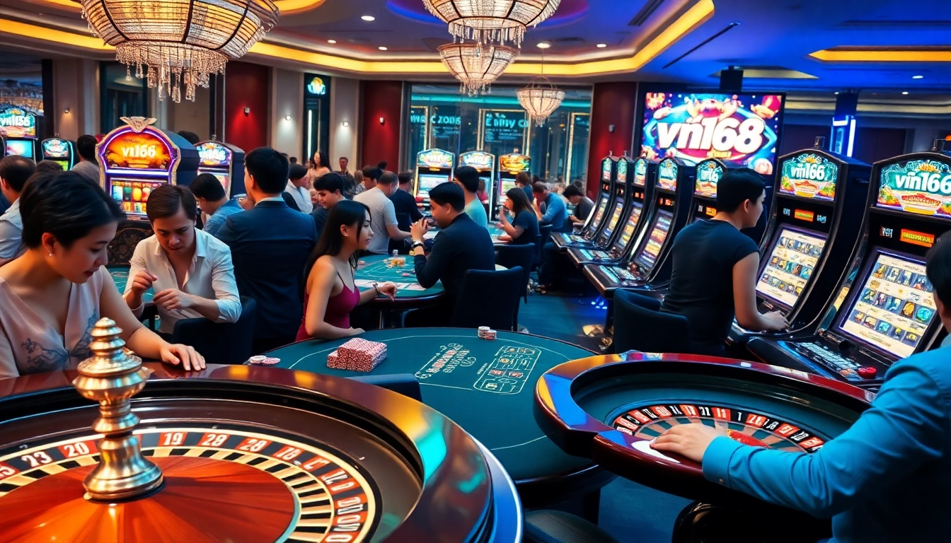 Experience thrilling gaming at vn168's luxurious casino tables and slot machines.