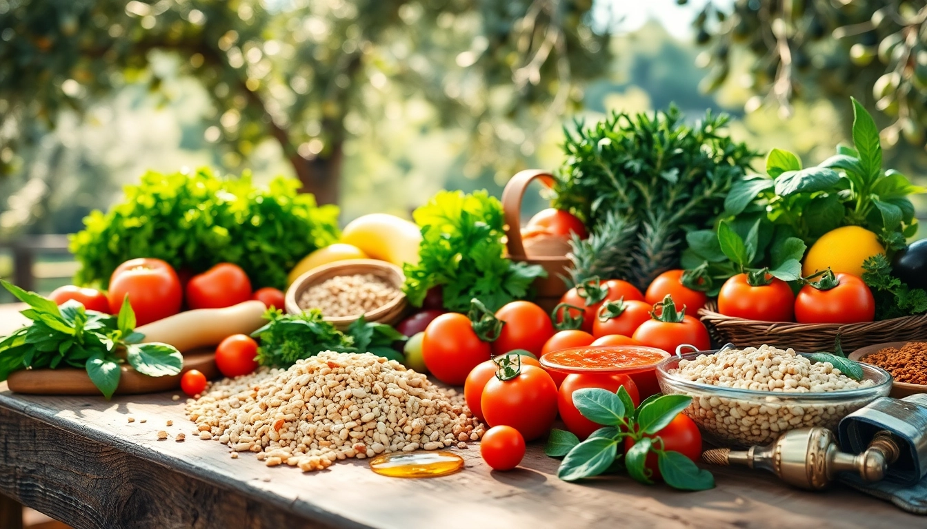 Colorful Mediterranean diet spread with vibrant vegetables, fresh herbs, and whole grains.