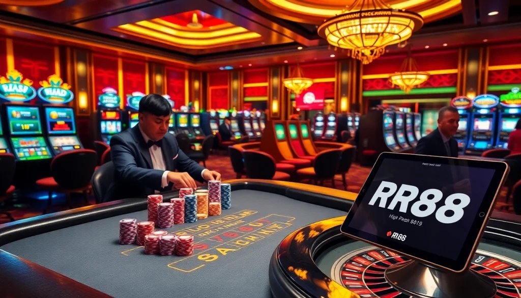 RR88 casino scene showcasing vibrant slot machines, professional dealers, and a luxurious atmosphere.