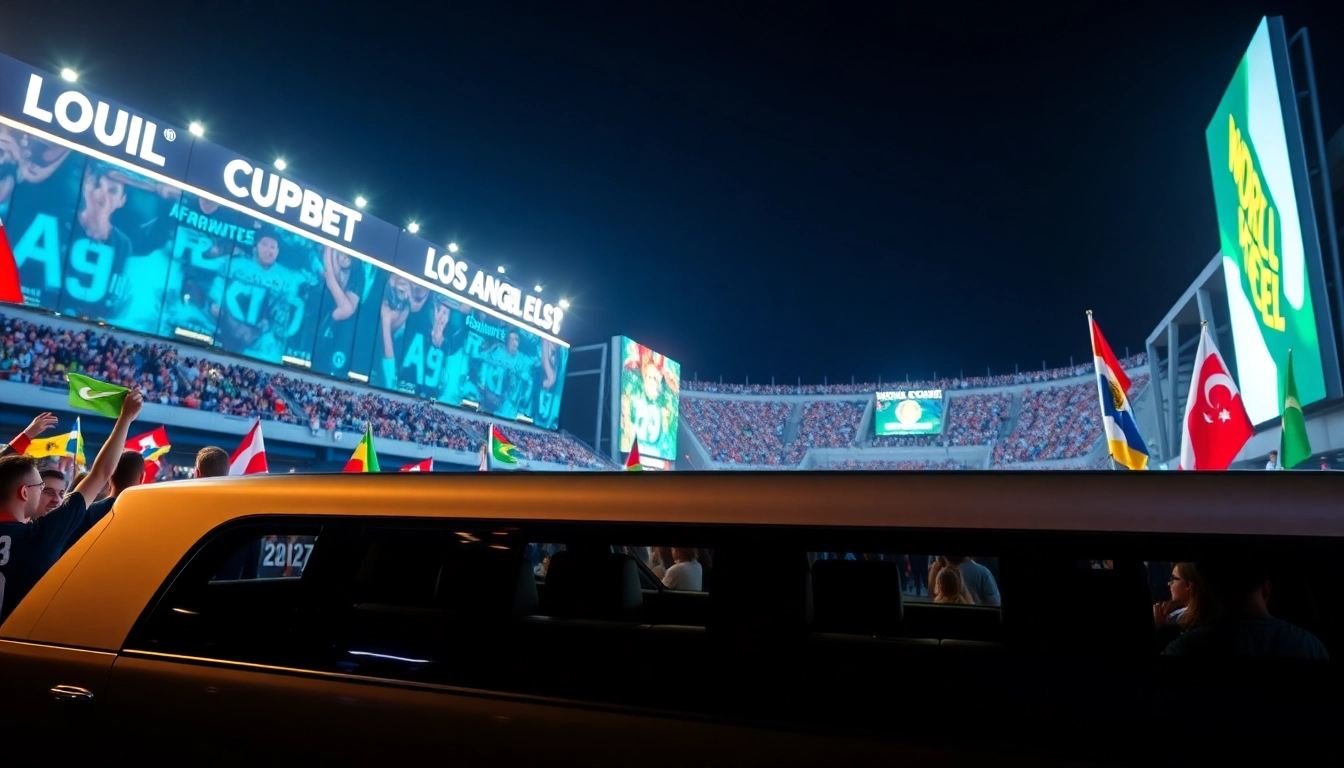 World Cup Group Transportation in a luxury limousine amid soccer fans celebrating outside a stadium.