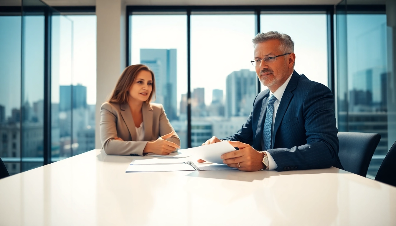 Real estate lawyer advising a client in a modern office setting, showcasing professional interaction.