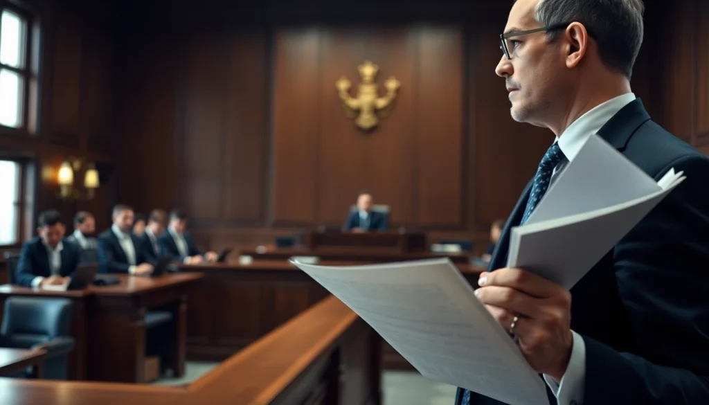 Environmental lawyer passionately addressing the jury in a courtroom, highlighting their dedication to justice.