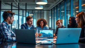 Crisis management consultant collaborating with a team in a bright office setting.